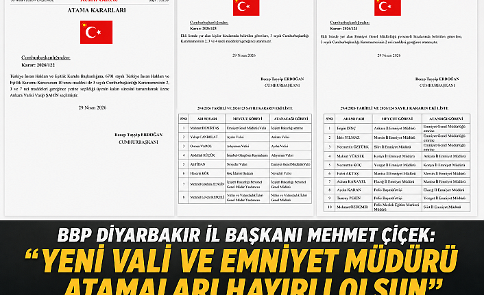 BBP Diyarbakır İl Başkanı Mehmet Çiçek: “Yeni vali ve emniyet müdürü atamaları hayırlı olsun”